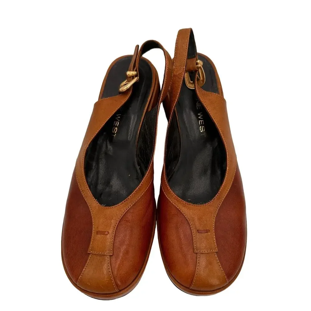 Nine West Vintage Y2K Leather Two Toned Brown Wedge Slingback Heels Size 7.5 - 8